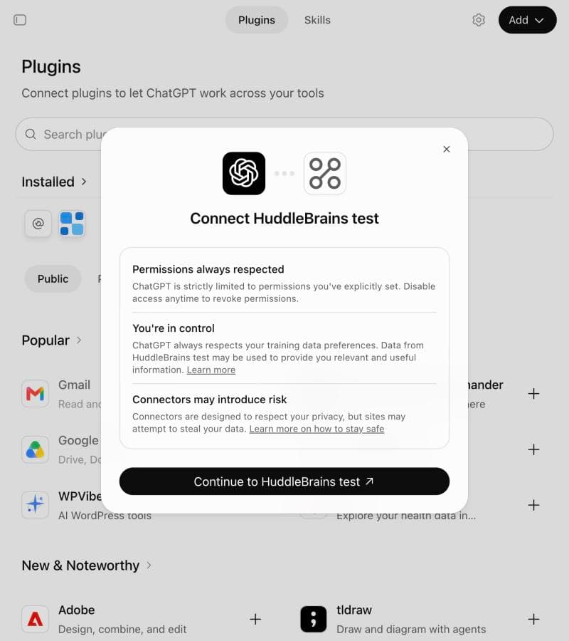 ChatGPT's connect confirmation