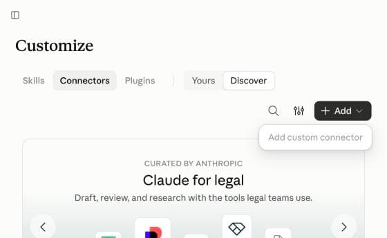 Claude's Add custom connector menu