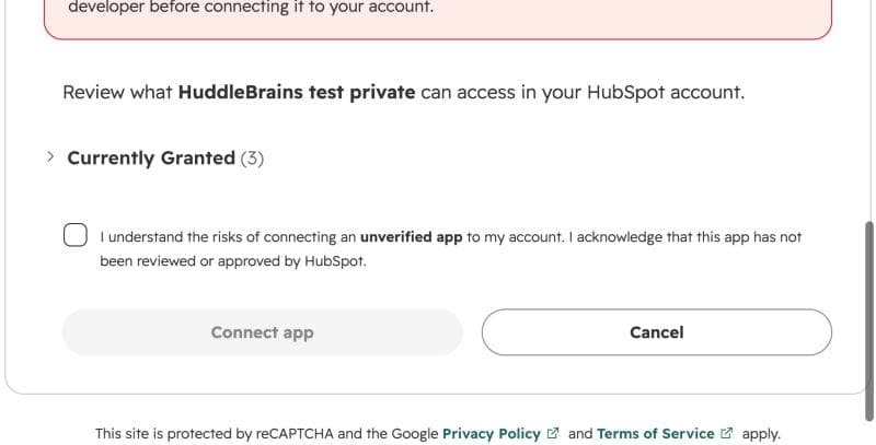 HubSpot's permission screen