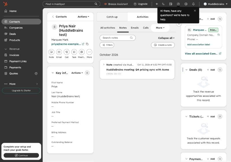 A HuddleBrains note on a HubSpot contact