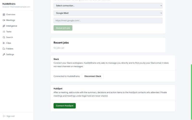 HuddleBrains settings with the HubSpot card