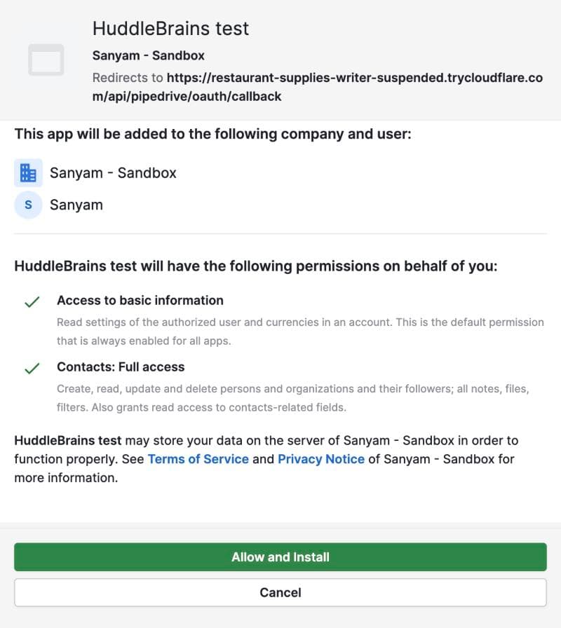 Pipedrive's permission screen