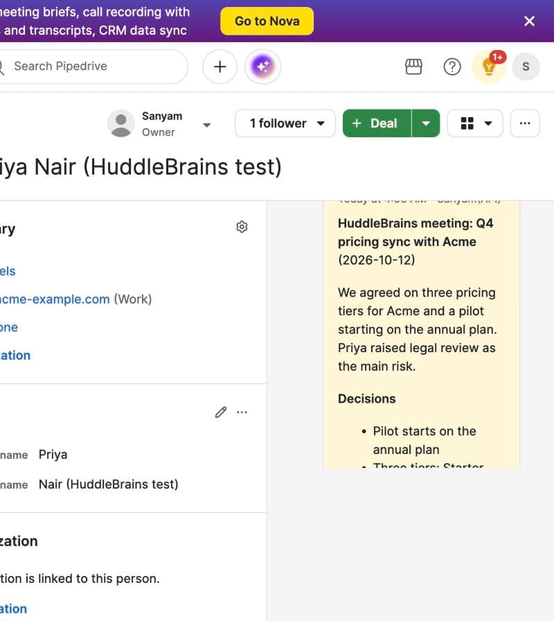 The content of the HuddleBrains note in Pipedrive