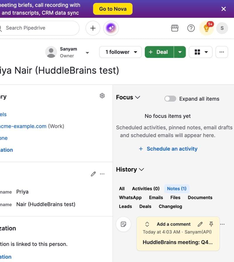 A HuddleBrains note on a Pipedrive person's timeline