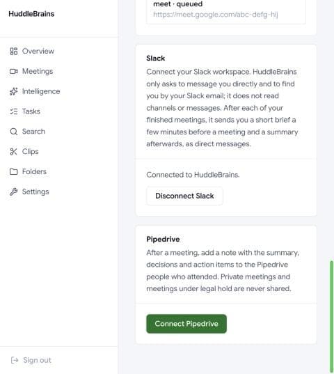 HuddleBrains settings with the Pipedrive card