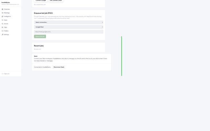 HuddleBrains showing Slack as connected