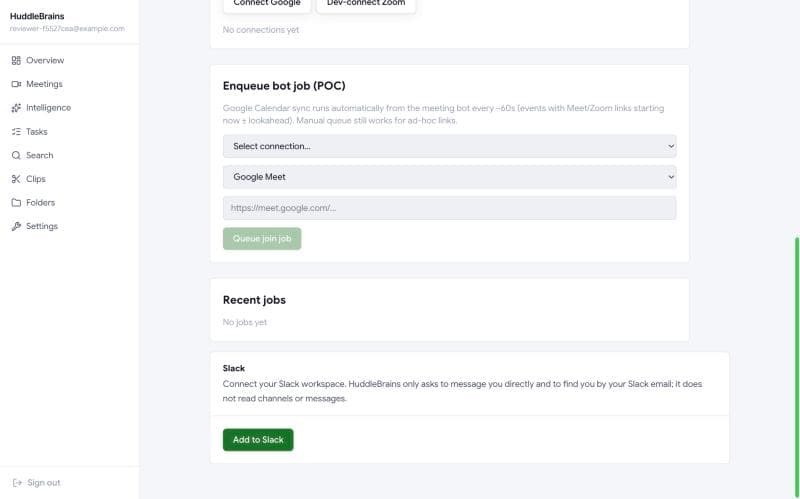 HuddleBrains settings with the Slack card