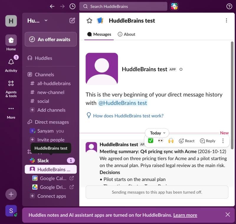 A meeting summary received as a Slack direct message